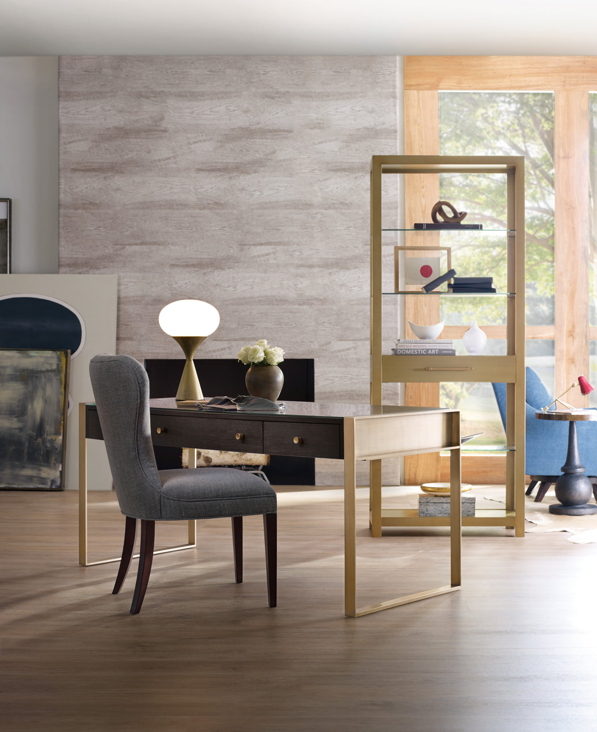 a room with a desk and chair
