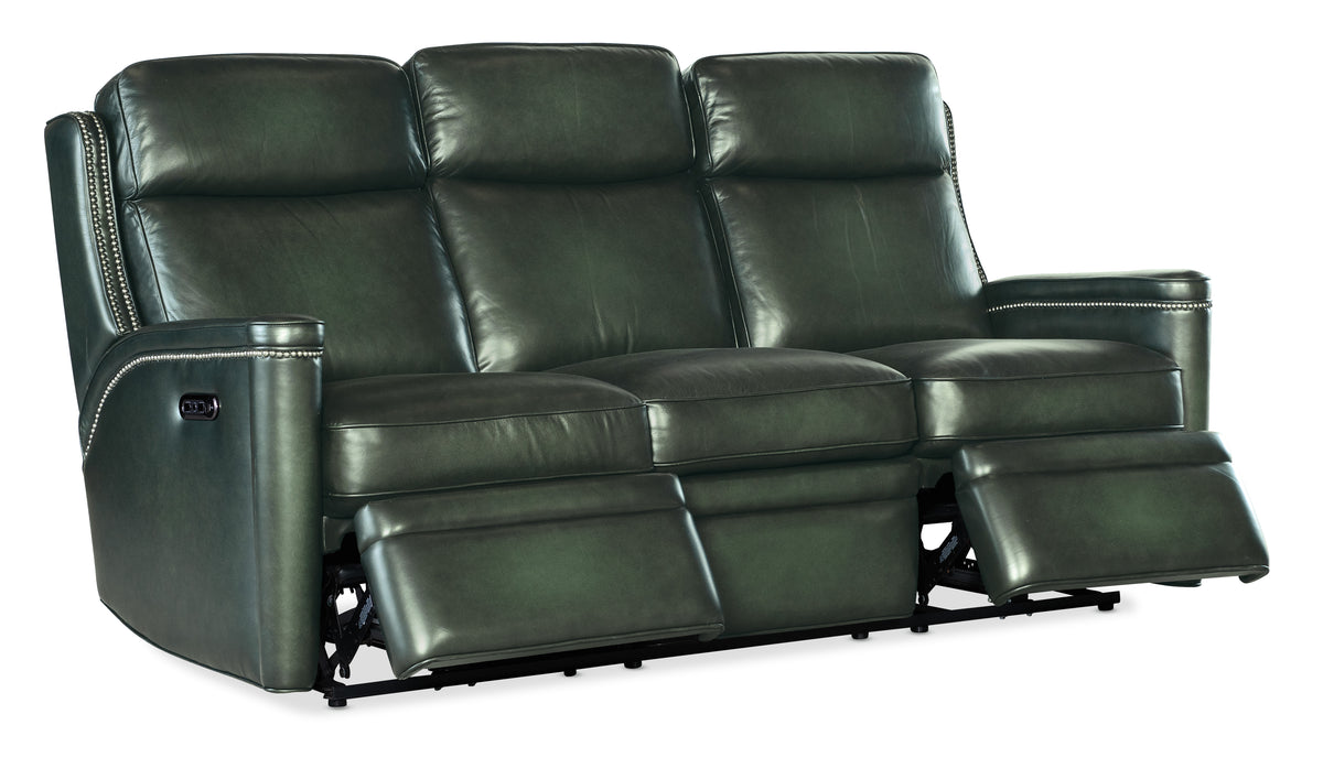 a black leather couch with arm rest