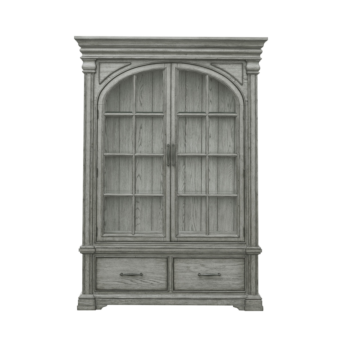a grey cabinet with glass doors