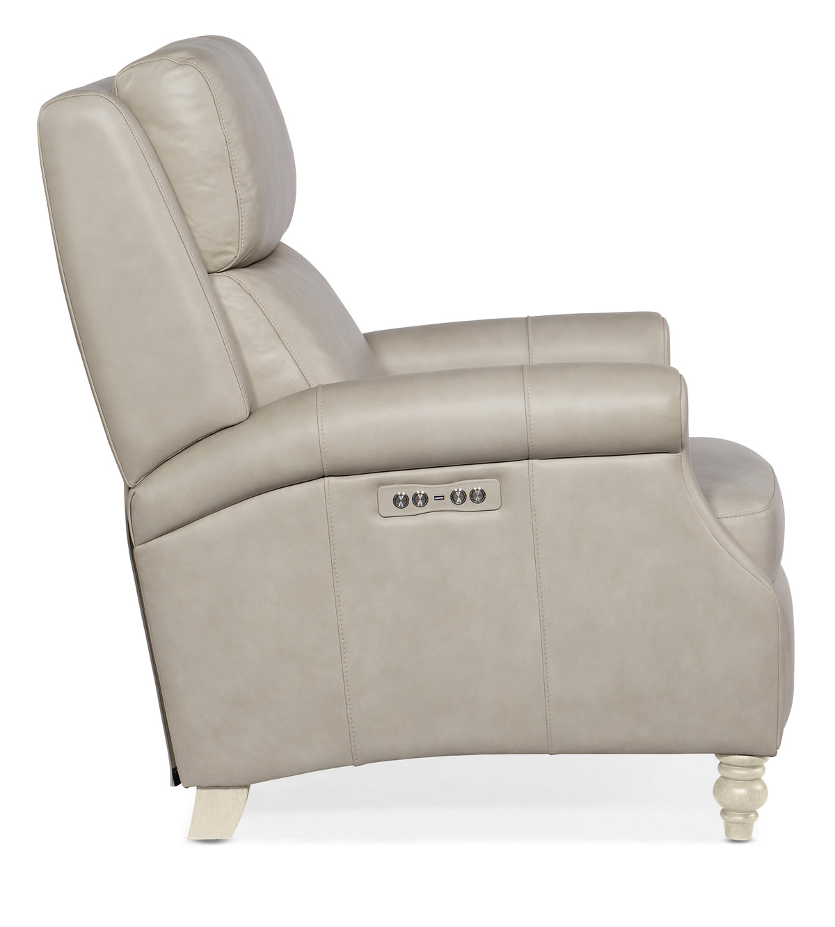 a white leather recliner with wooden legs