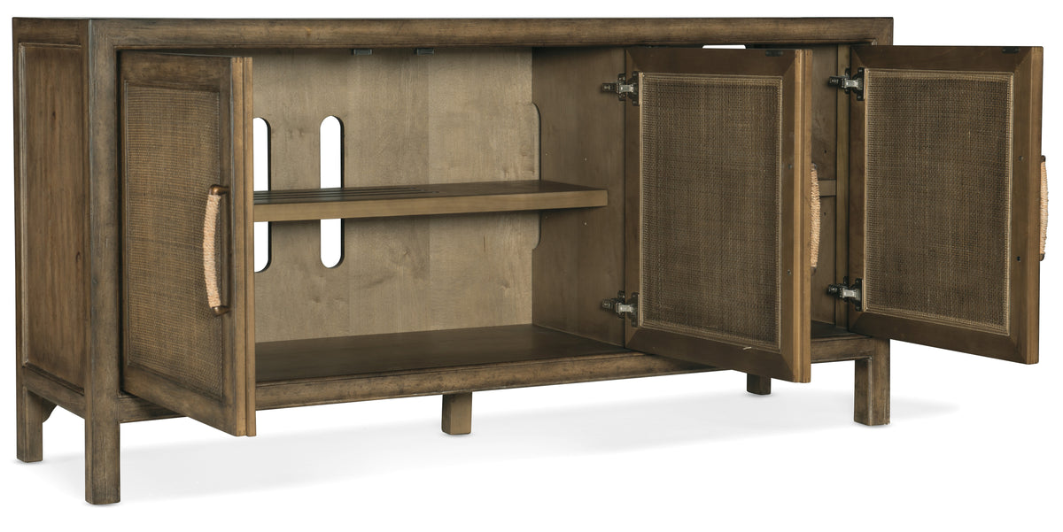 a brown wood cabinet with a door open