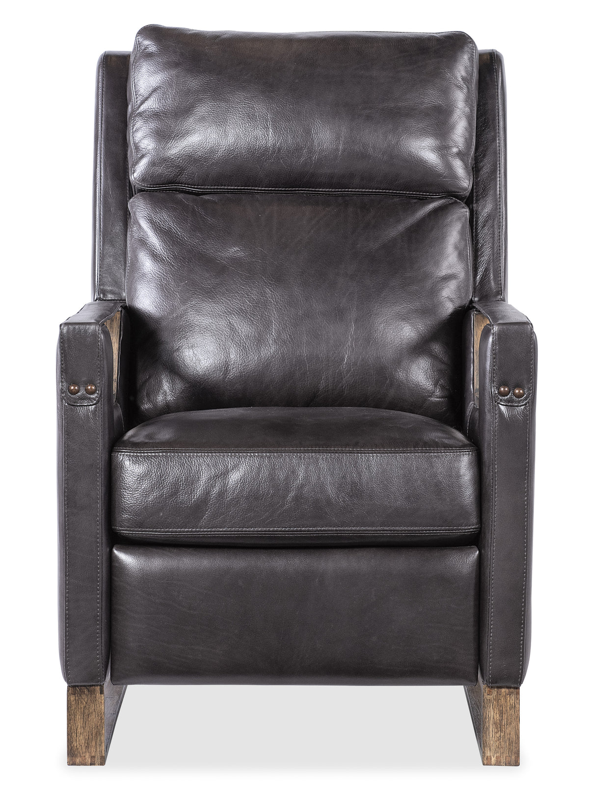 a black leather chair with wooden legs