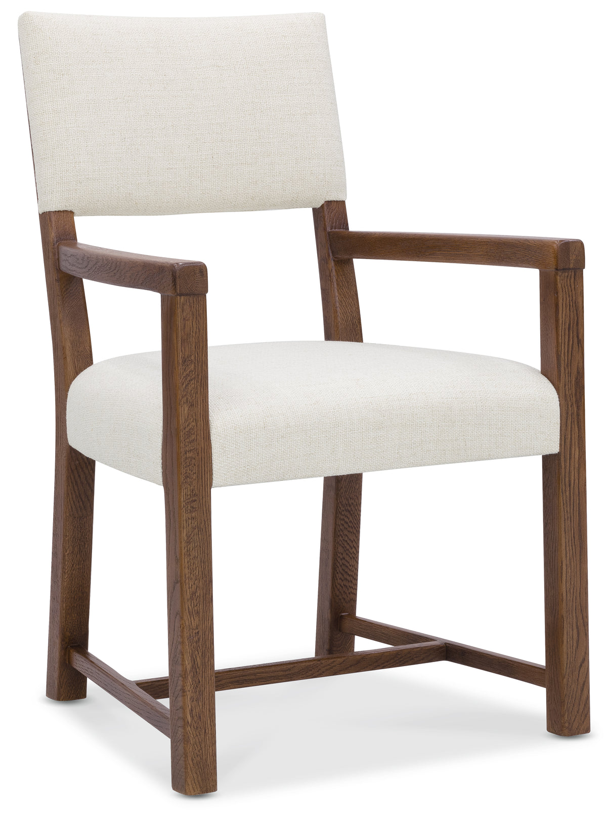 a white chair with wooden armrests