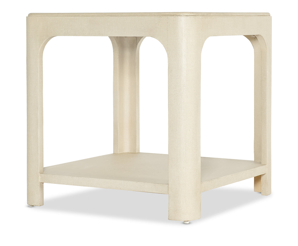 a white table with a shelf