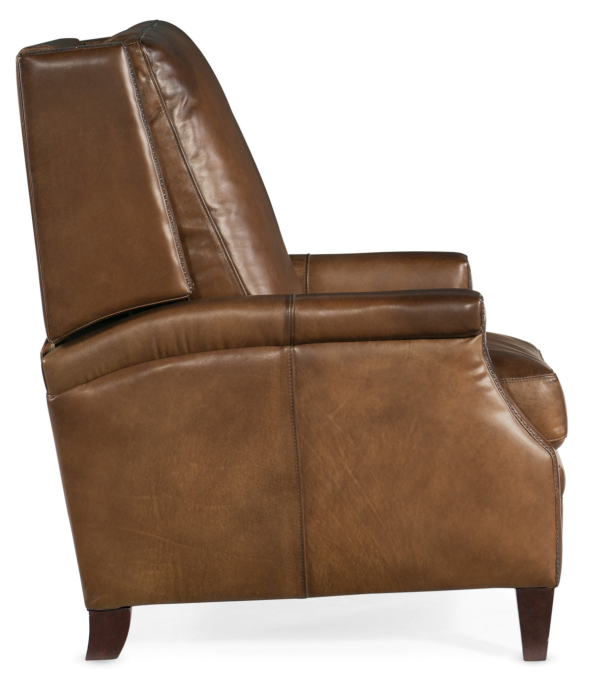 a brown leather chair with wooden legs