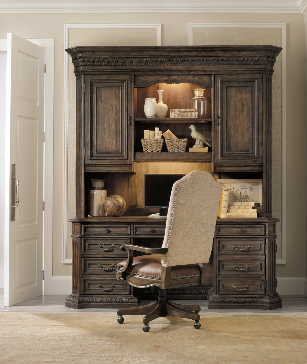 a desk with a chair in front of it