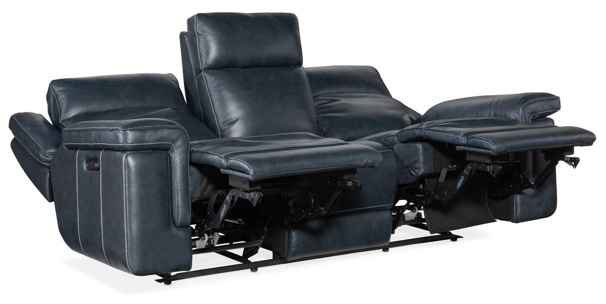 a blue leather recliner with two recliners