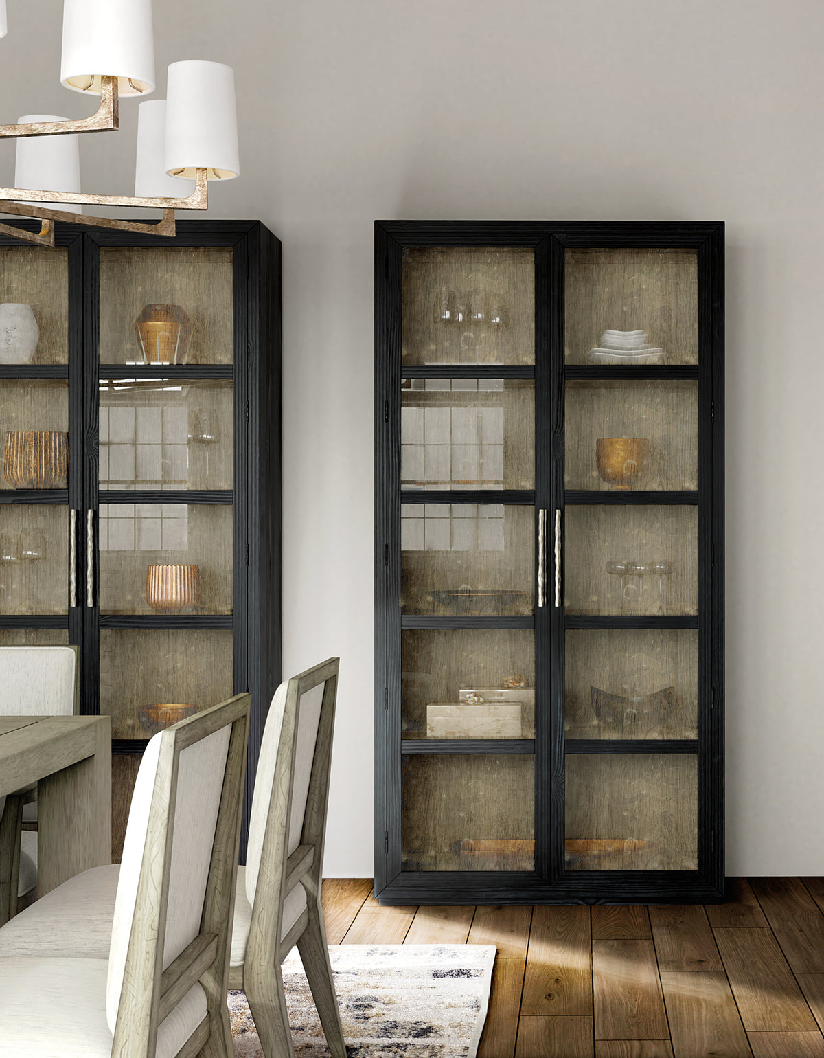 a black cabinet with glass doors
