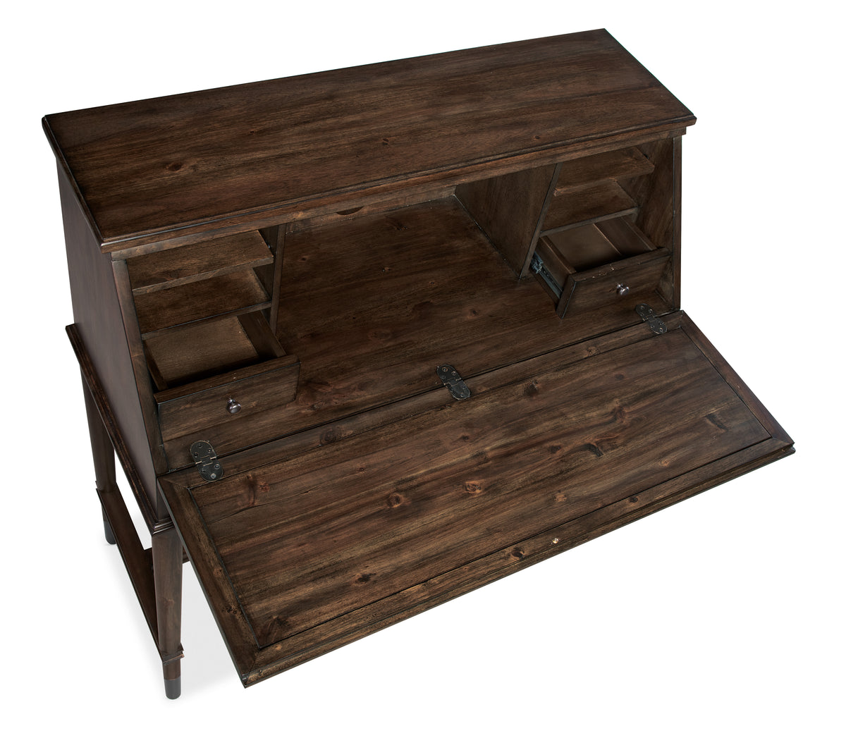 a brown desk with a drawer