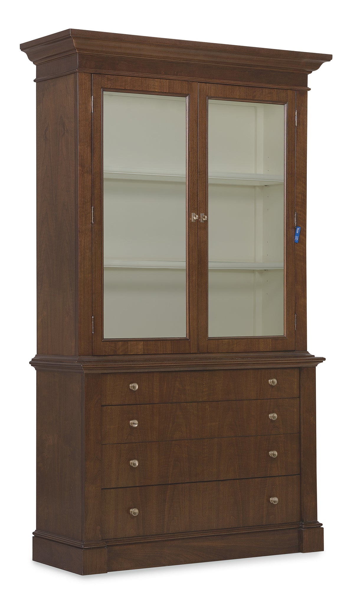 a wooden cabinet with glass doors