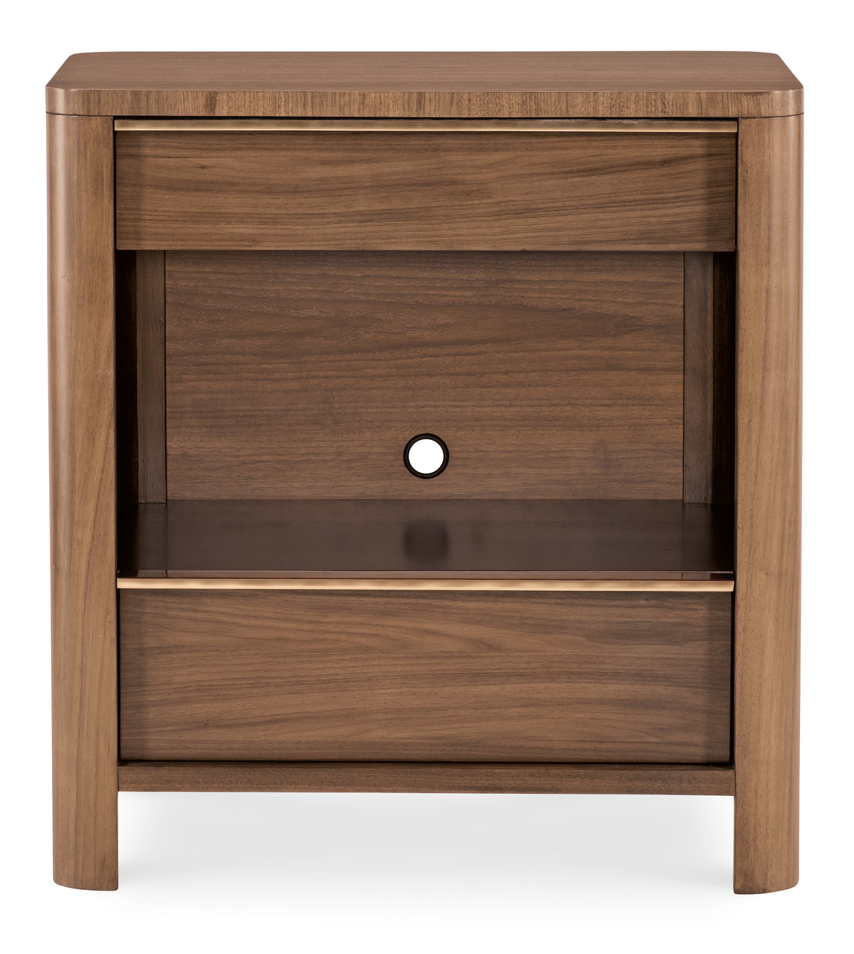 a brown nightstand with a hole in the top