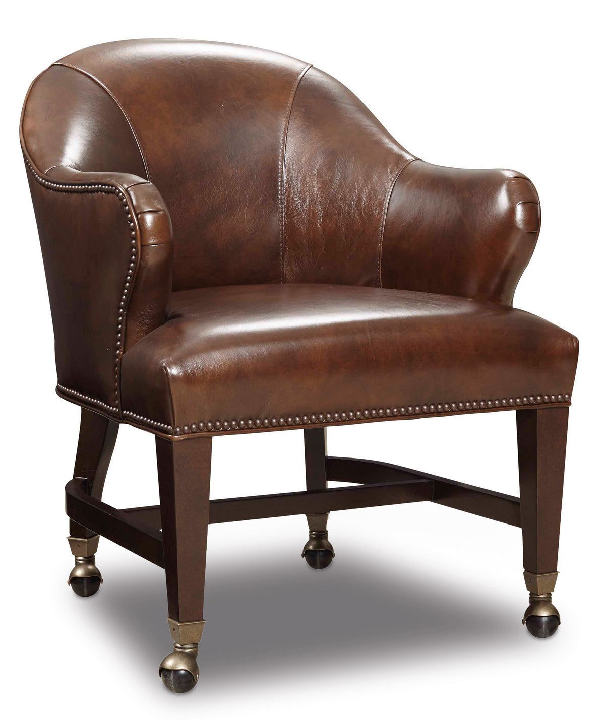 a brown leather chair with gold legs