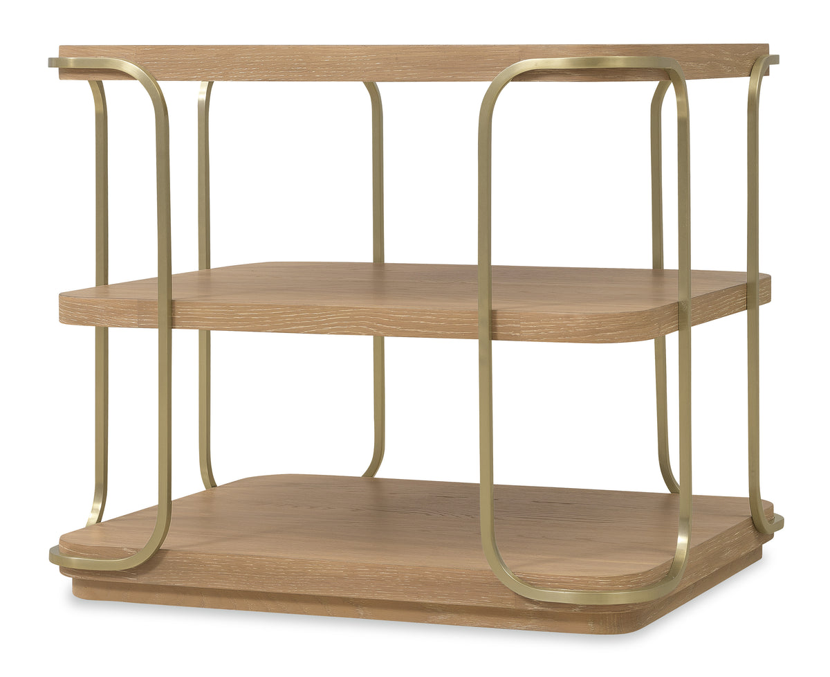 a wood shelf with gold metal frame