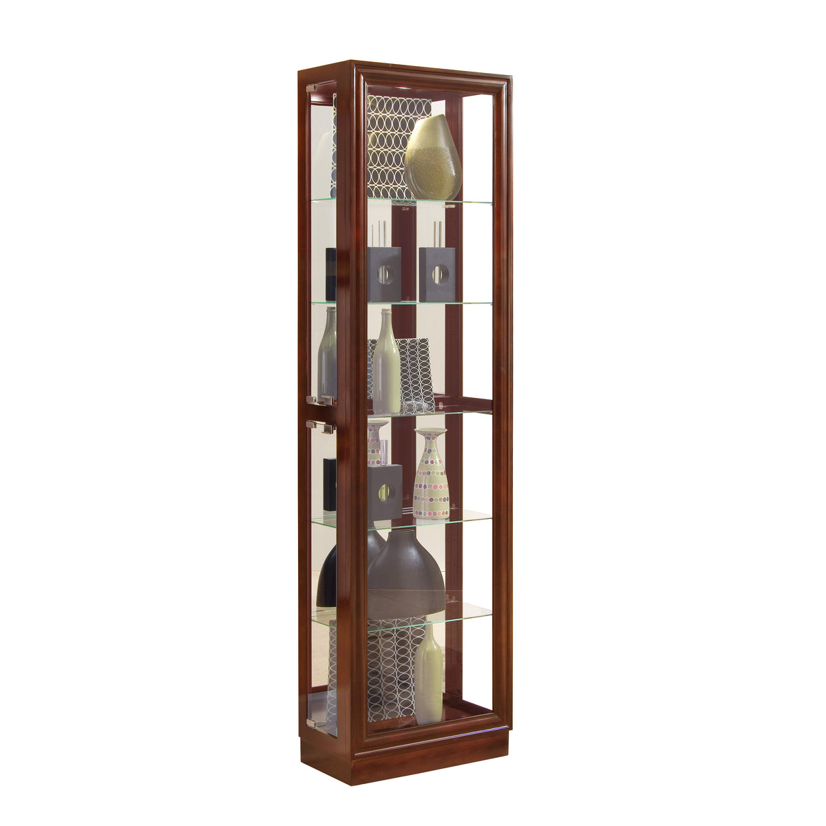 a glass cabinet with various objects on it