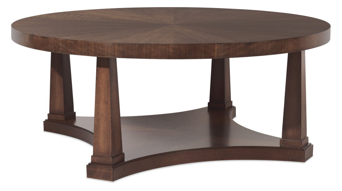 a round wooden table with a white background