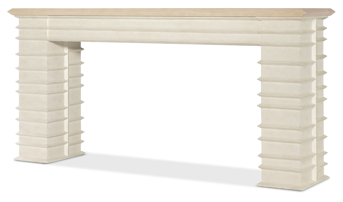 a white rectangular table with columns