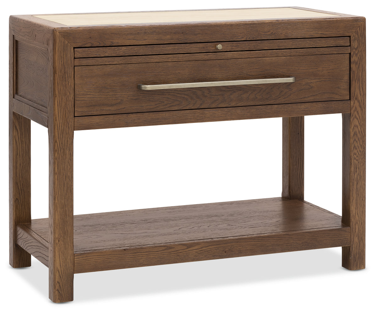 a wooden table with a drawer