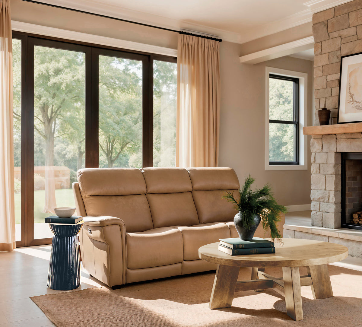 a living room with a couch and a fireplace