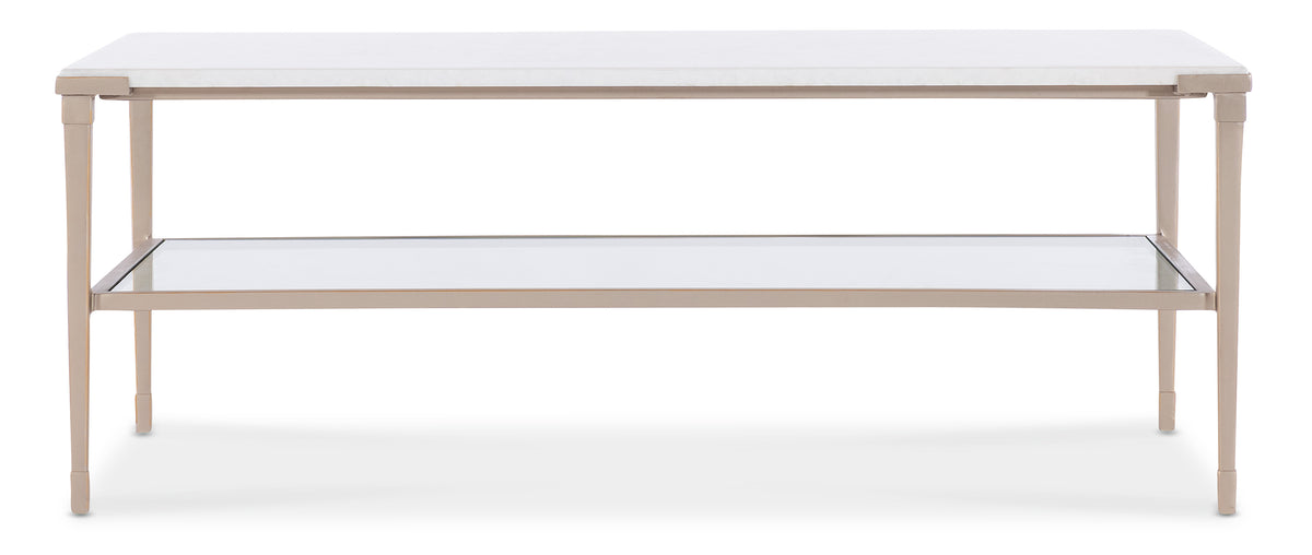 a white table with a shelf