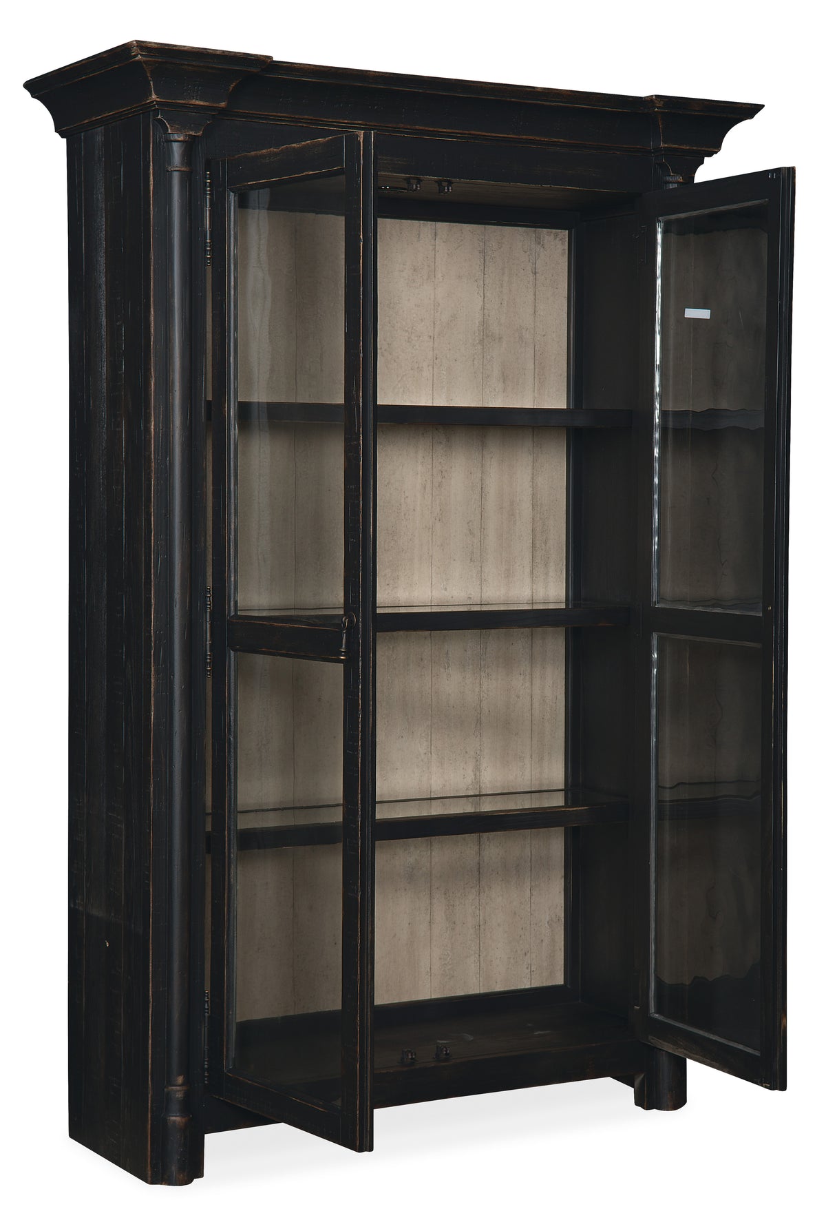 a black cabinet with glass doors