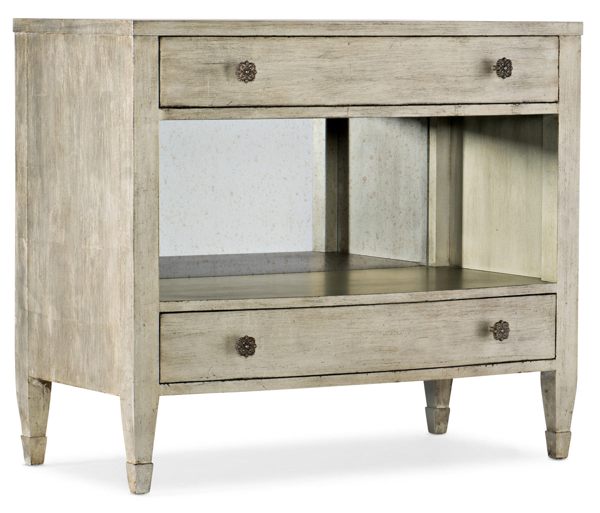 a white wooden cabinet with glass shelves