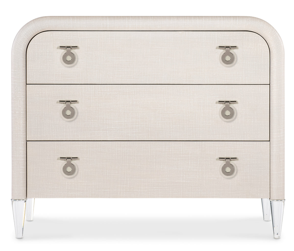 a white dresser with metal handles