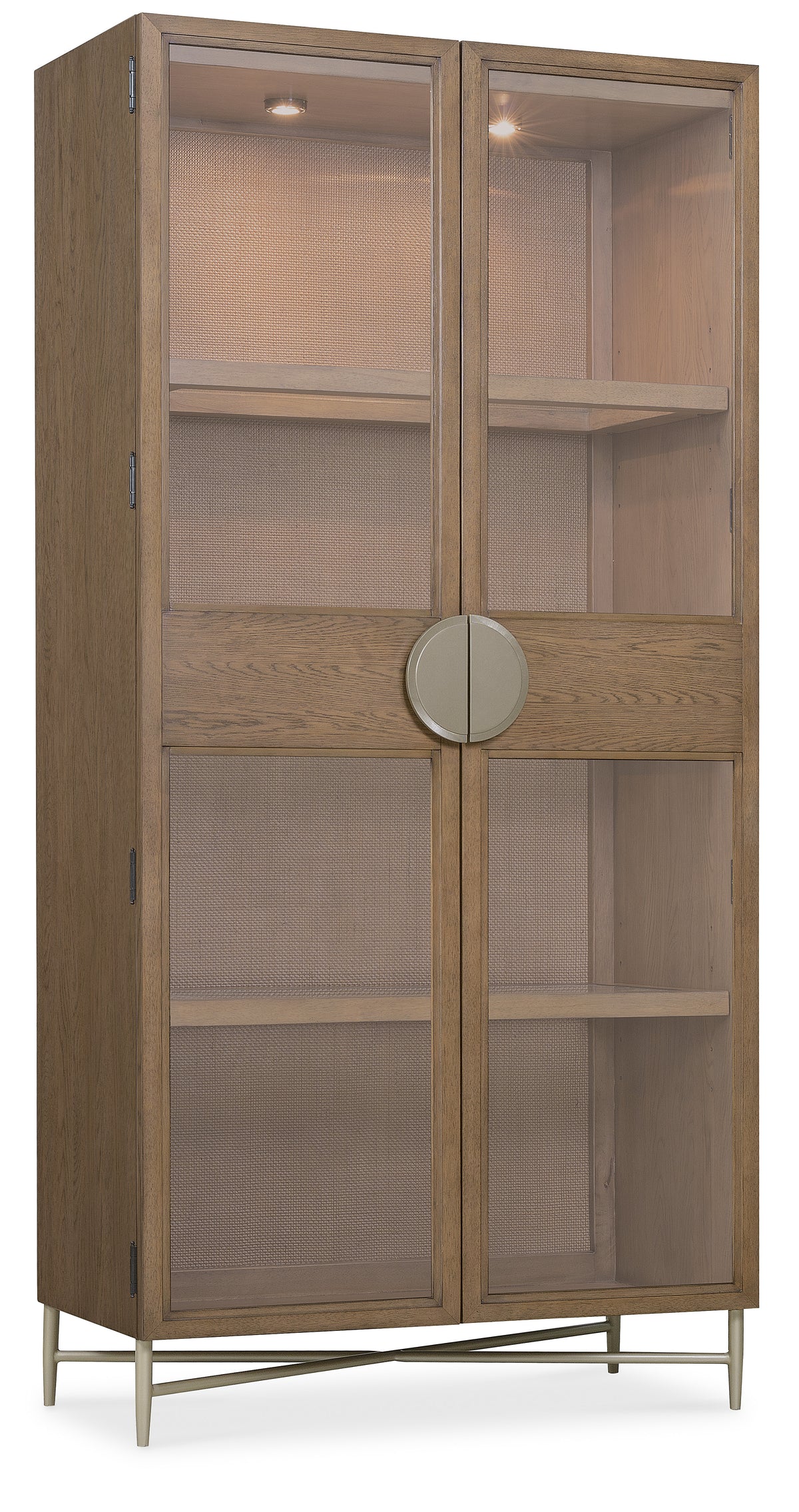 a wooden cabinet with glass doors