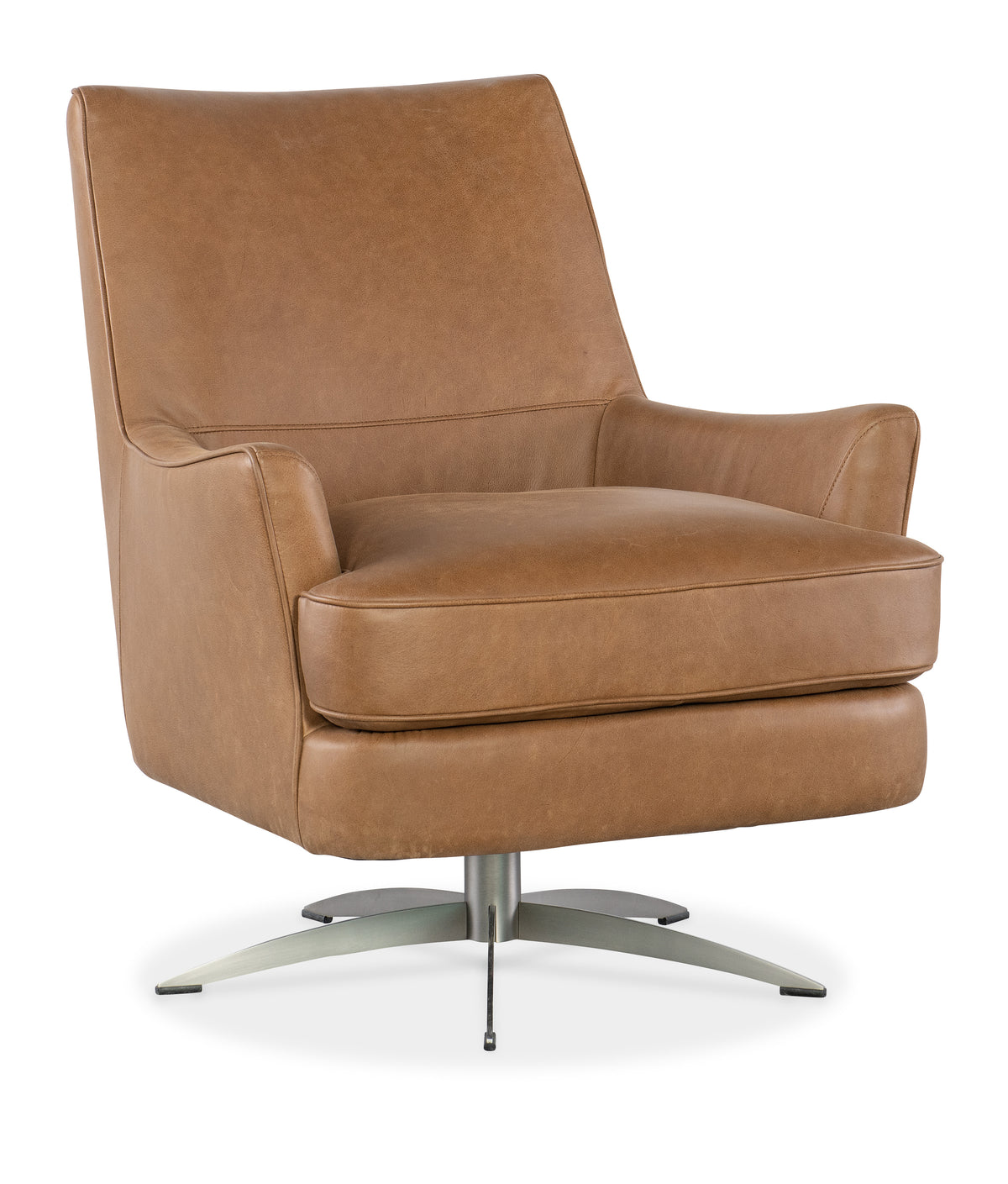a brown leather chair with metal legs
