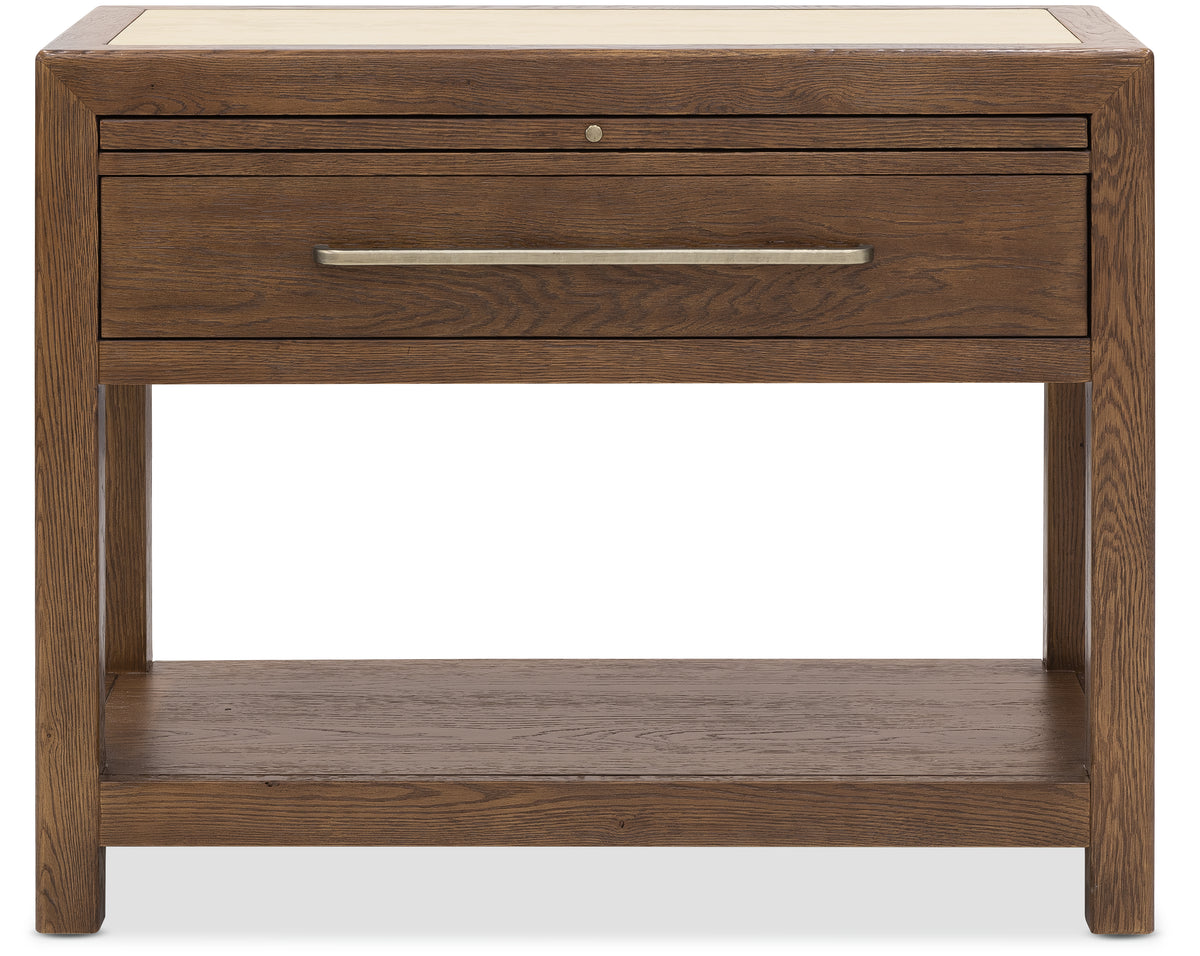 a brown wooden nightstand with a metal handle
