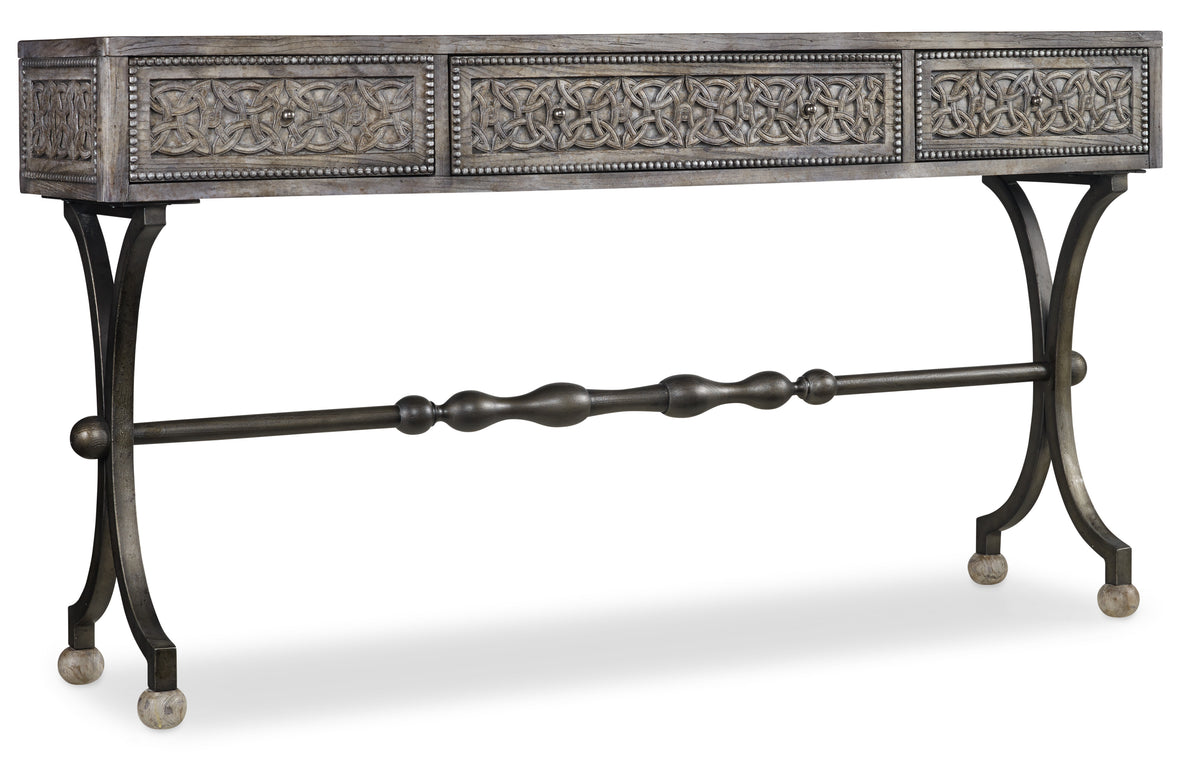 a wooden table with a metal rod