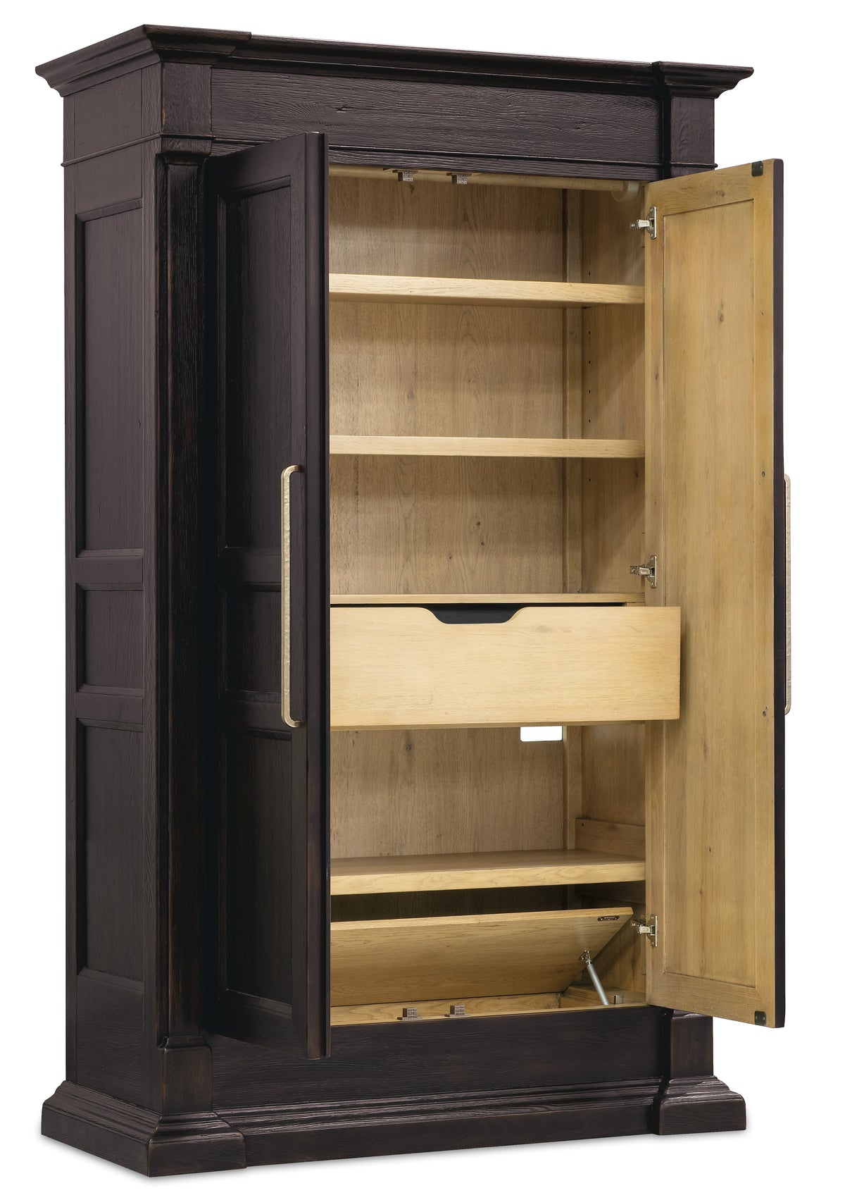 a black cabinet with shelves