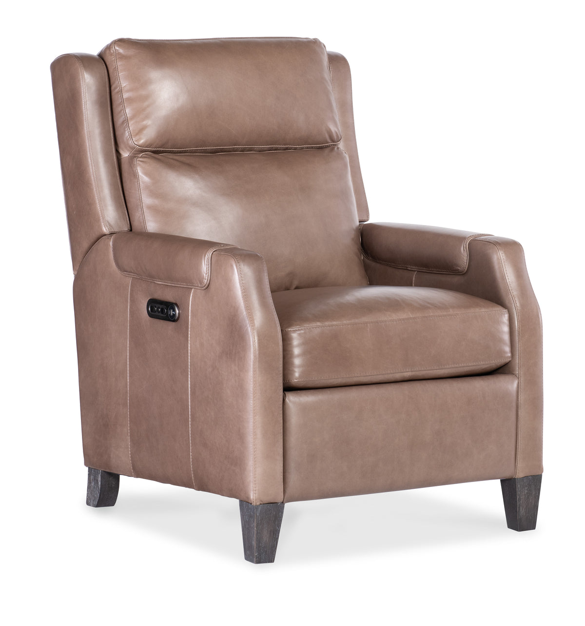 a brown leather chair with wooden legs