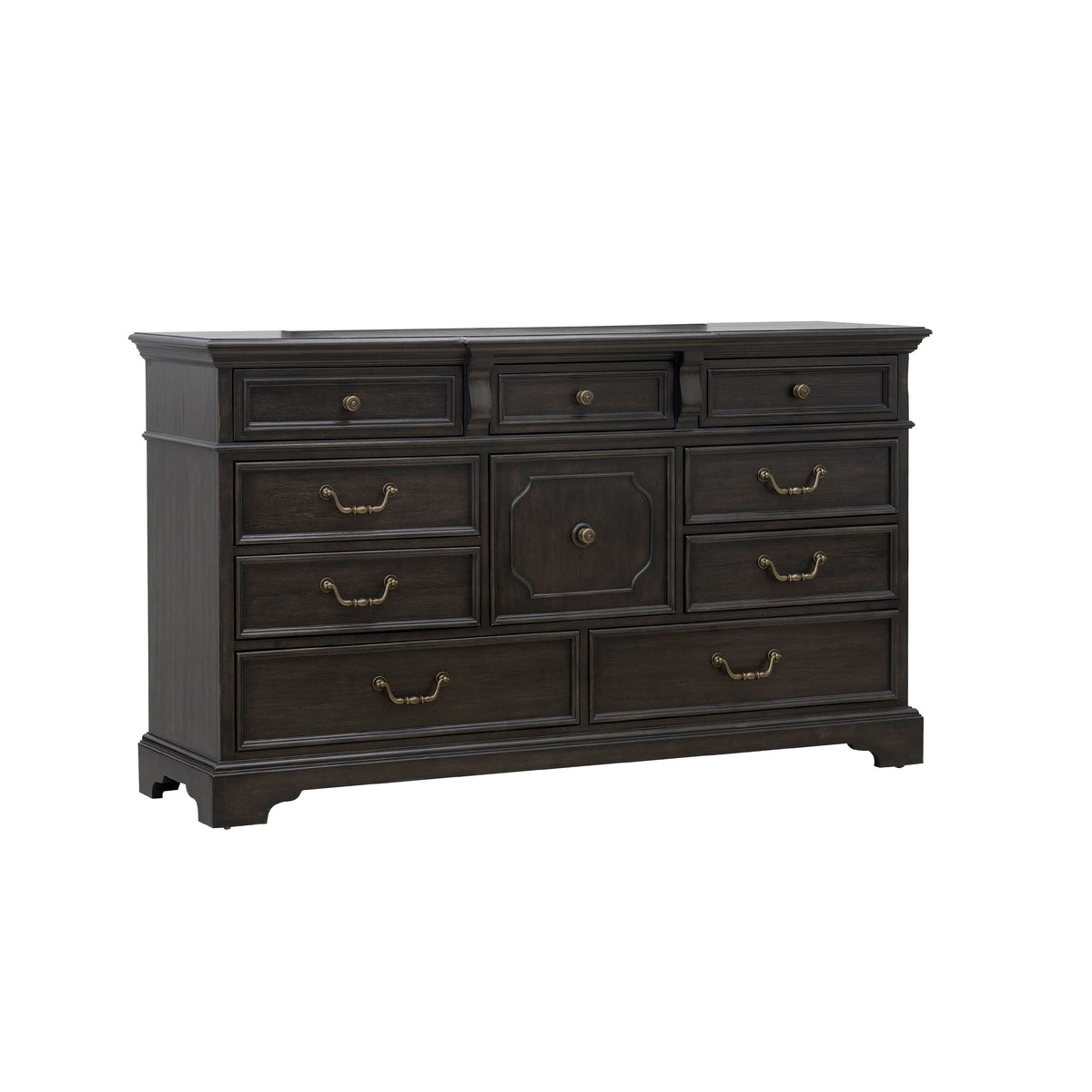 a black dresser with gold handles