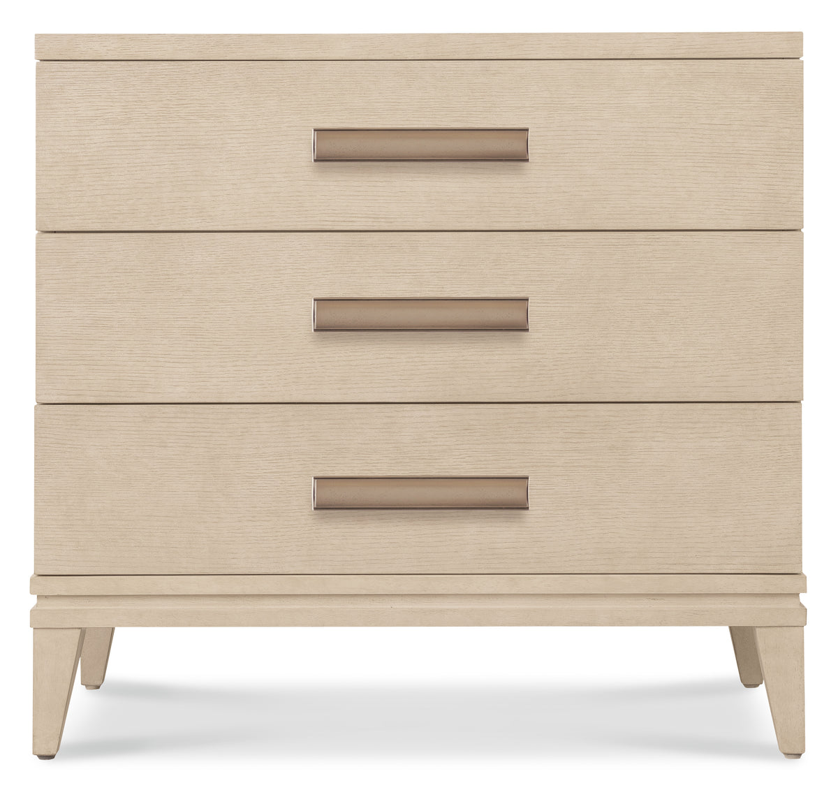 a white dresser with metal handles