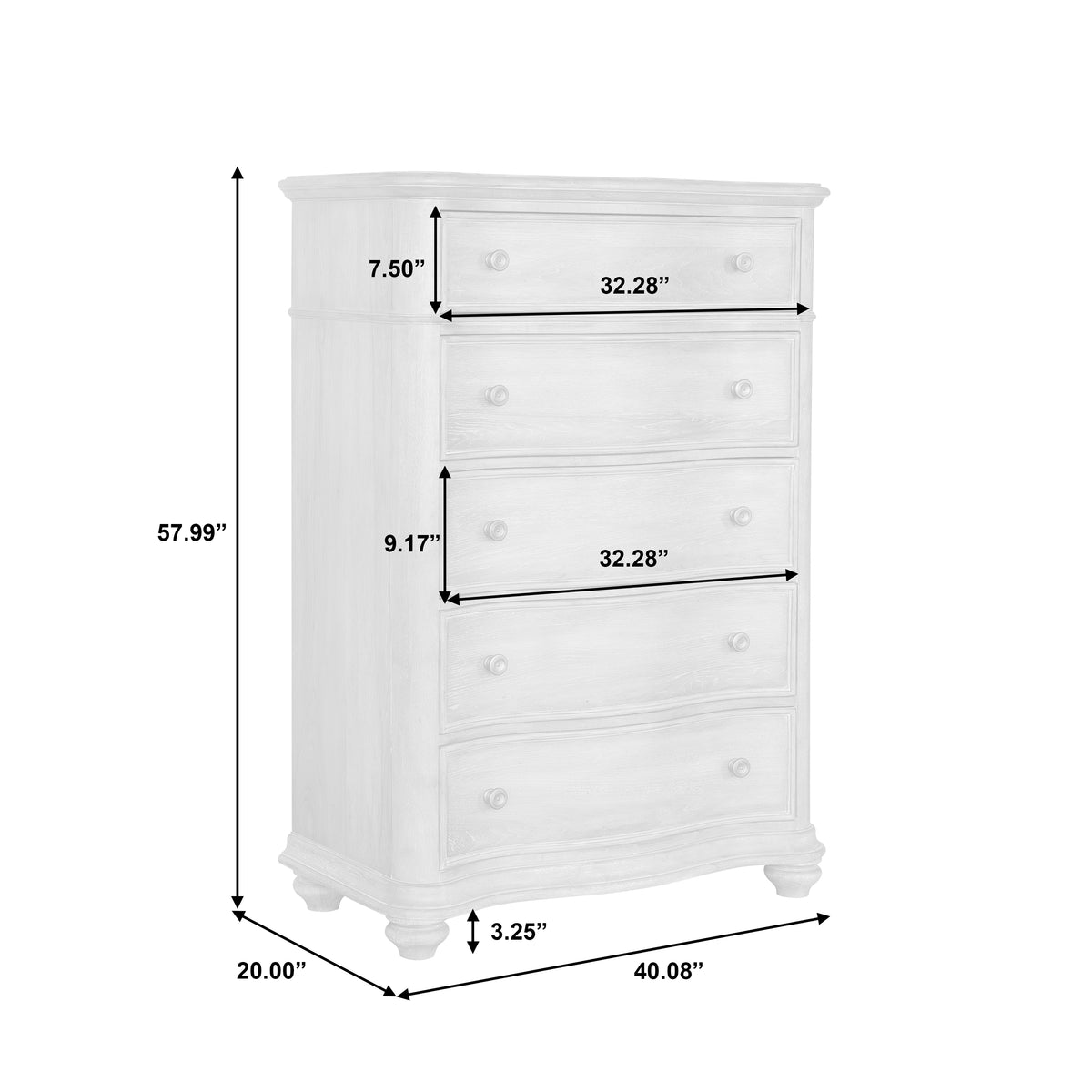 a white chest of drawers with sizes and measurements