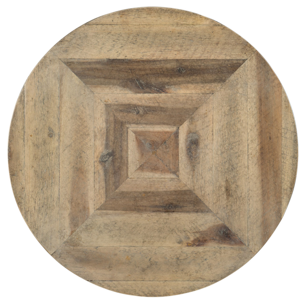 a circular wood surface with a square pattern