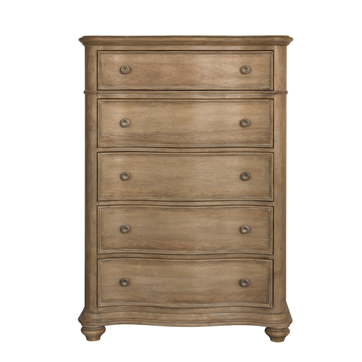 a wooden dresser with knobs