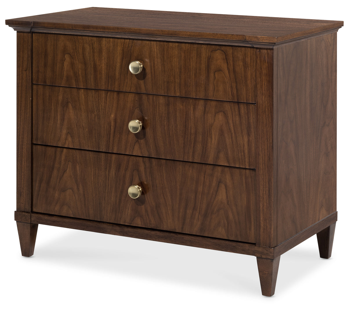a brown dresser with gold knobs