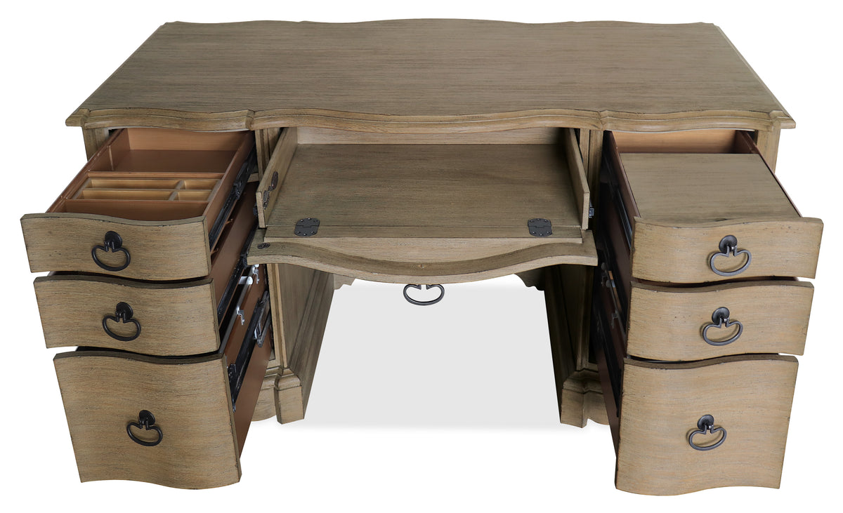 a wooden desk with drawers