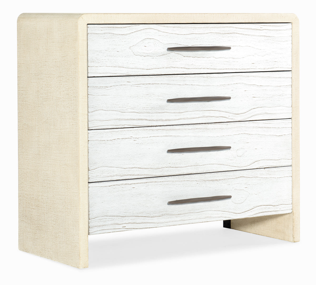 a white dresser with metal handles