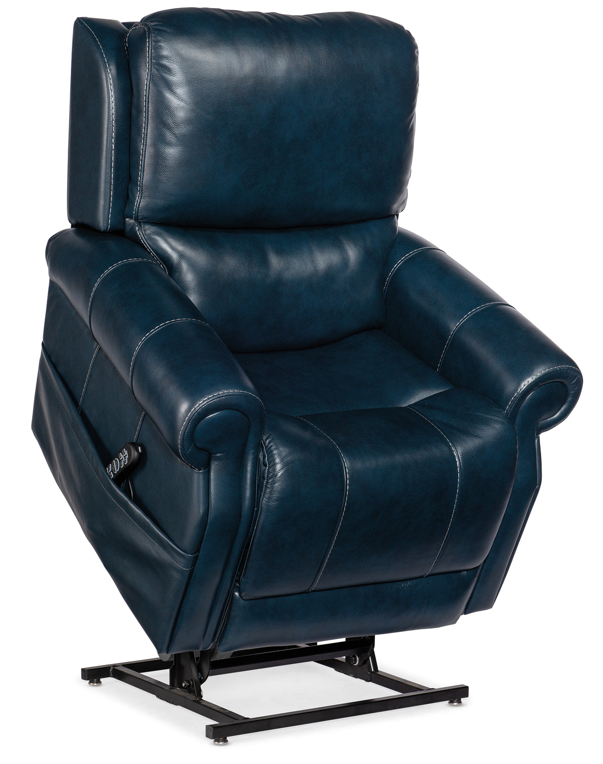 a blue leather recliner chair