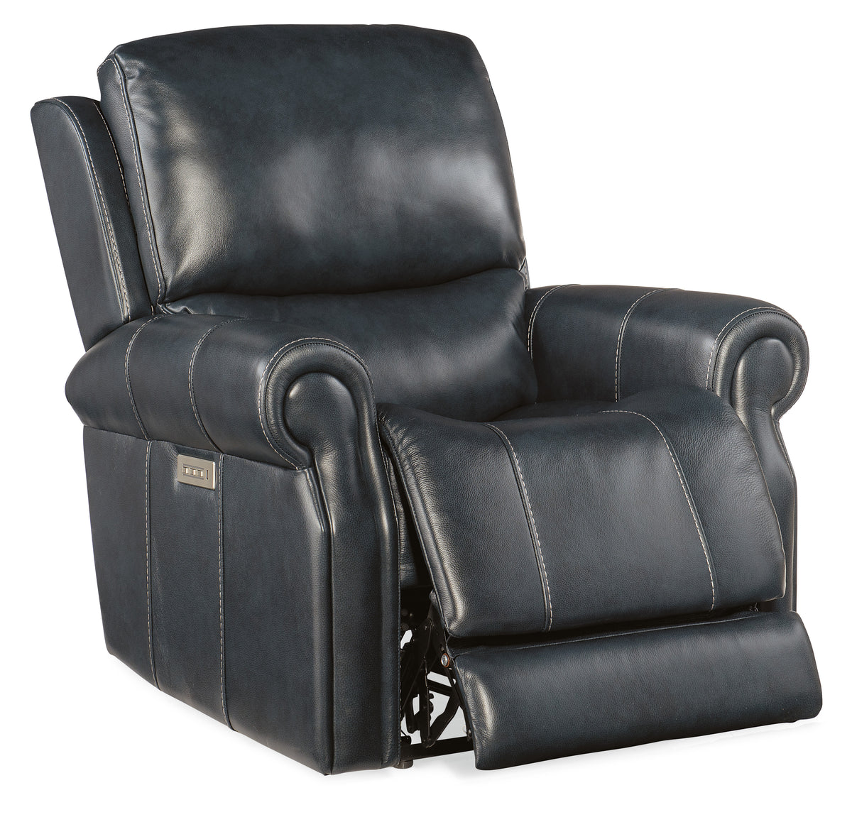 a black leather recliner with white stitching
