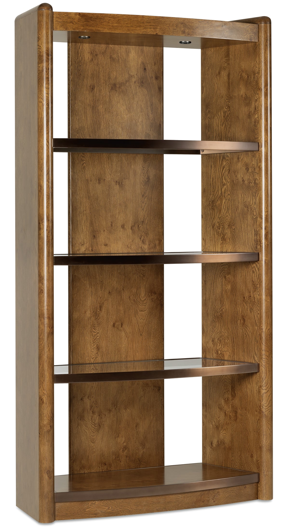 a wood shelf with glass shelves