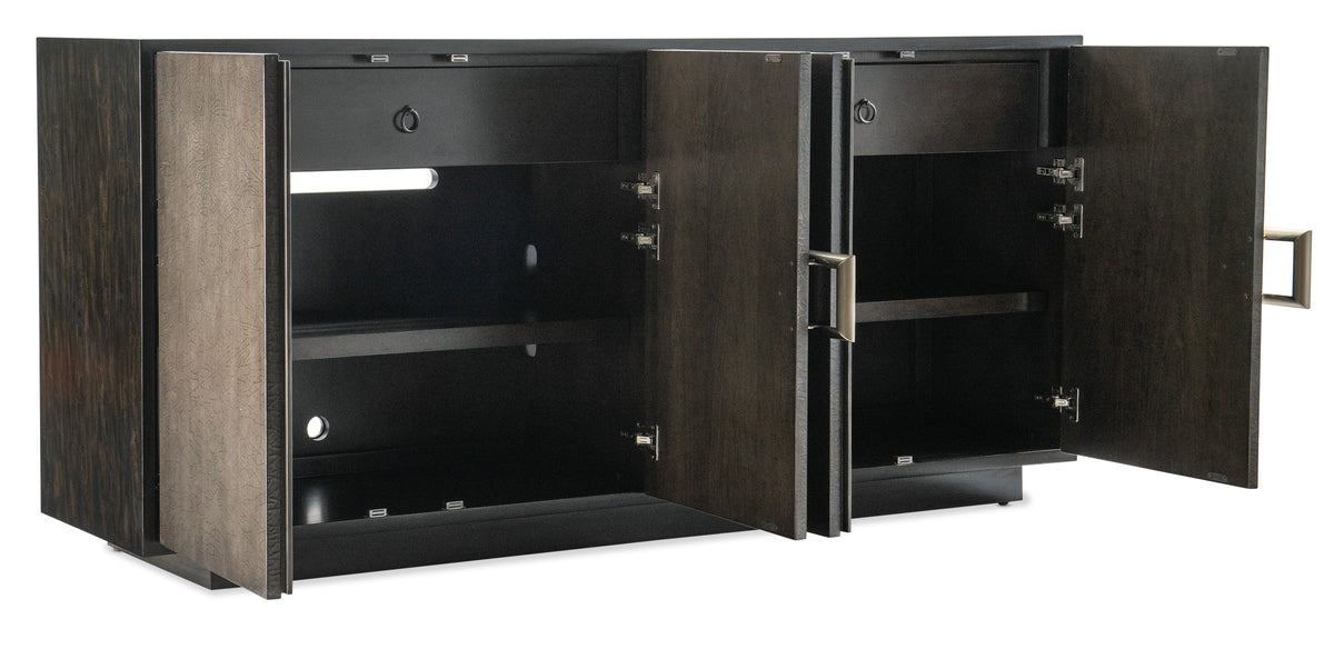 a black cabinet with open doors