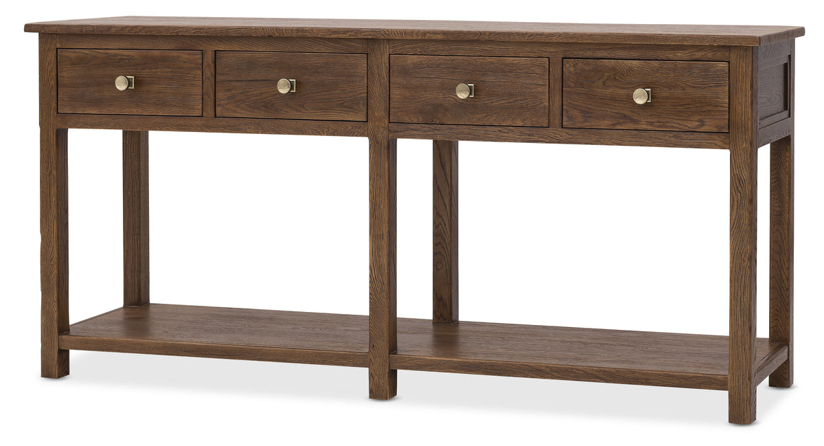 a wooden table with drawers