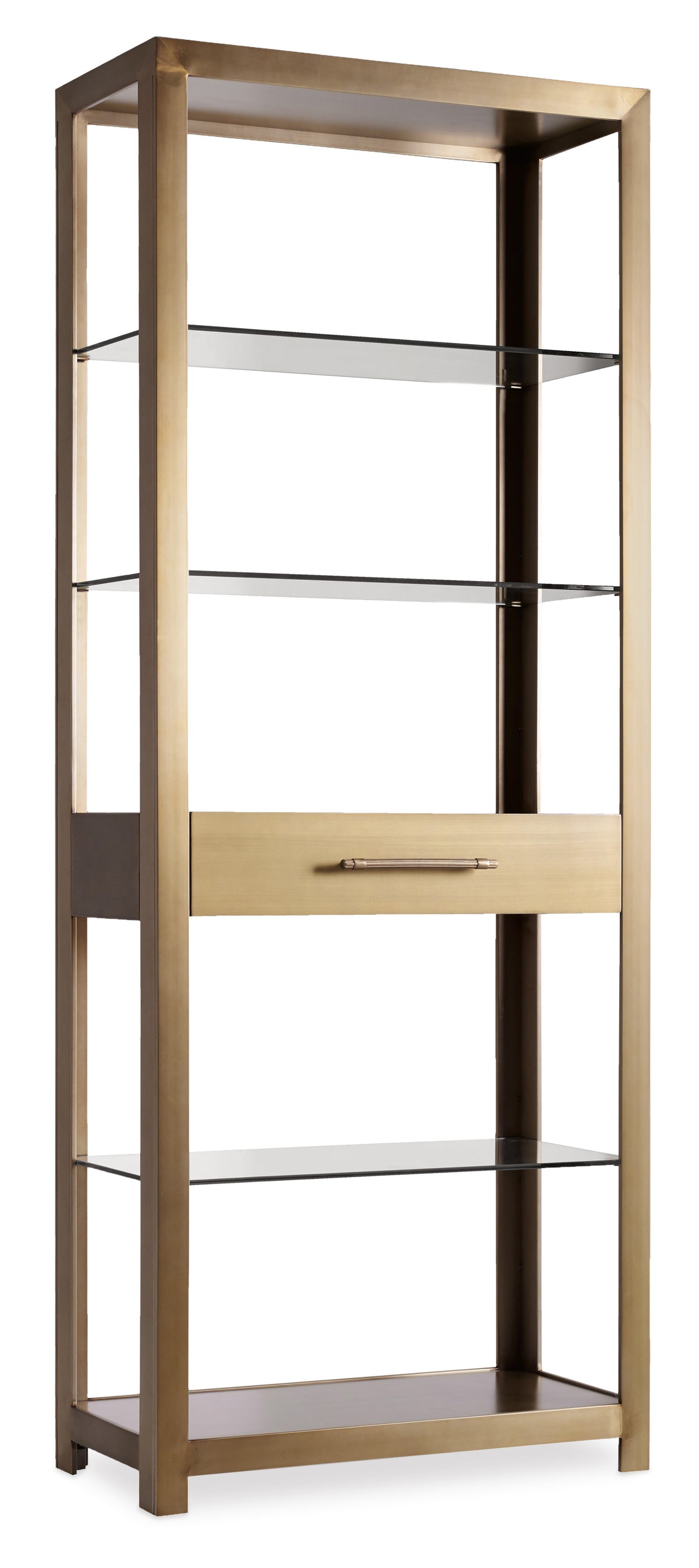 a glass shelf with a drawer