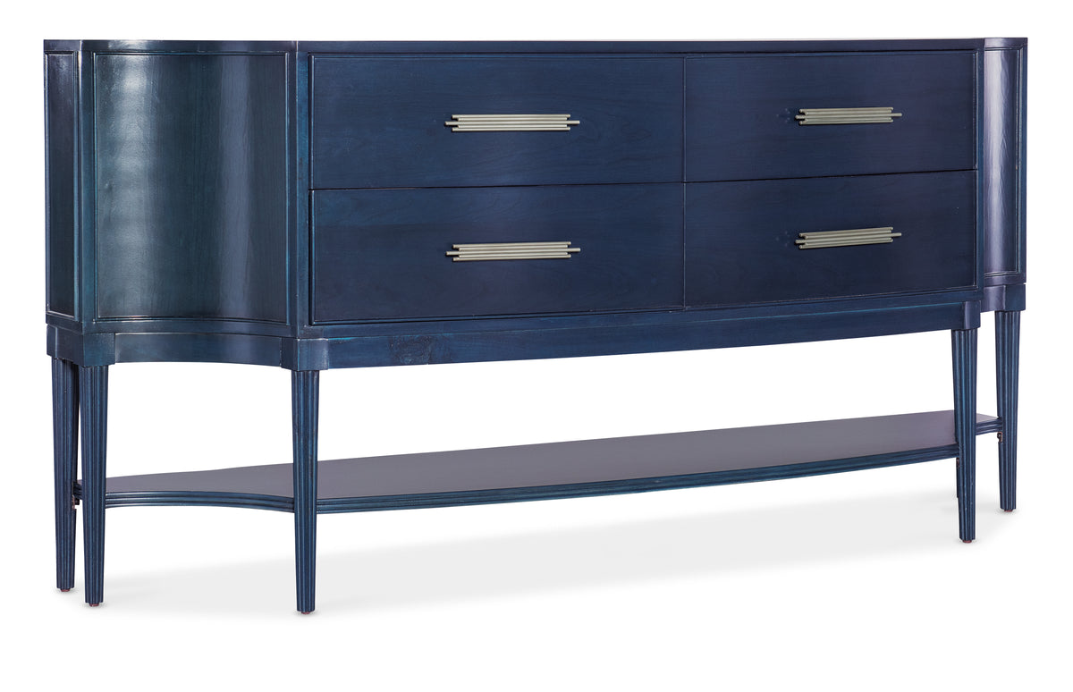 a blue dresser with silver handles