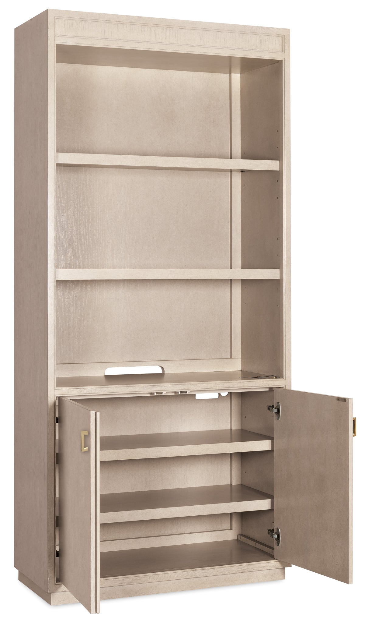 a white cabinet with open shelves