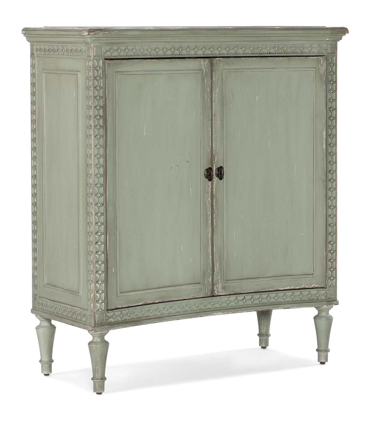 a grey cabinet with a black handle