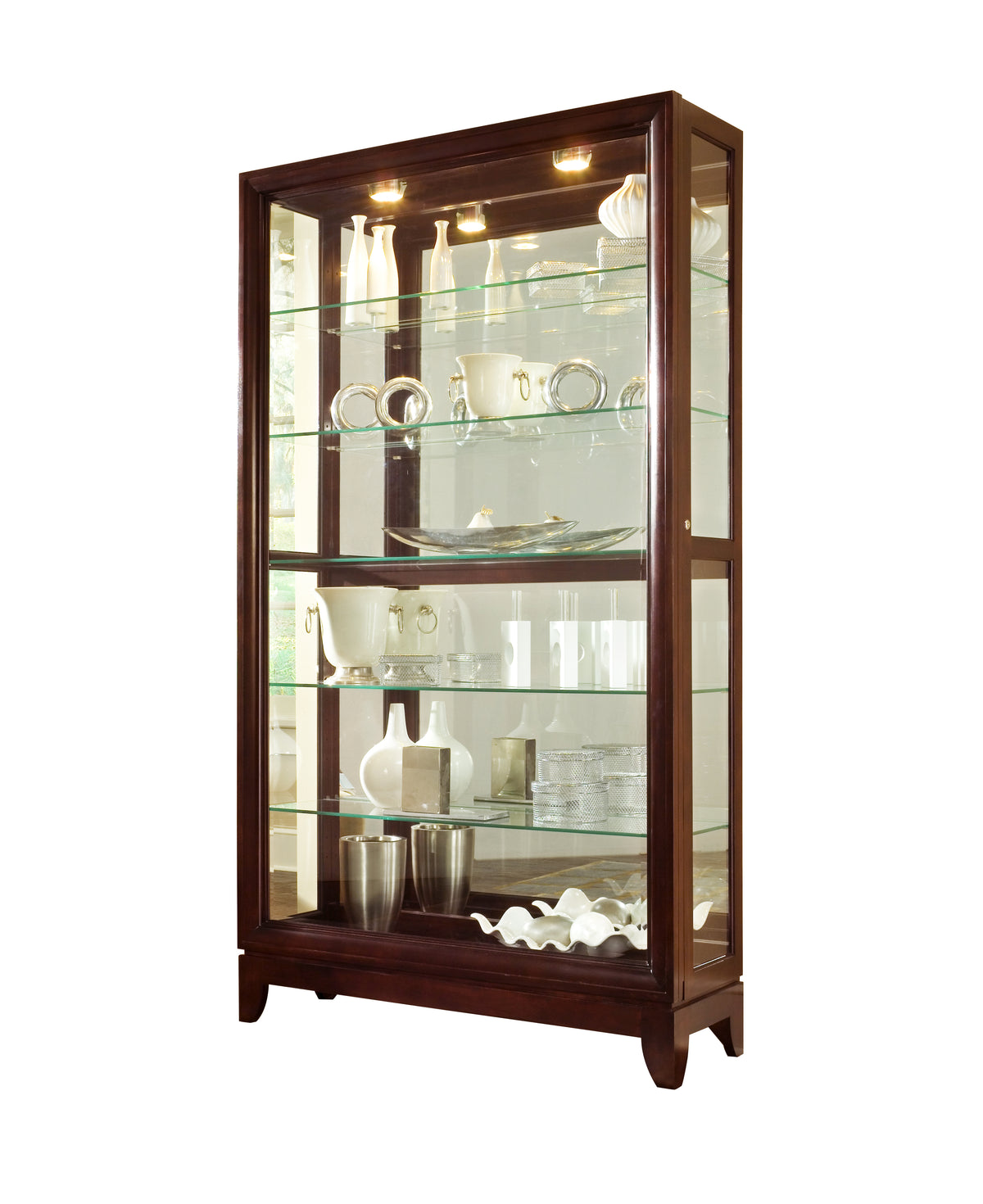a glass cabinet with a wood frame